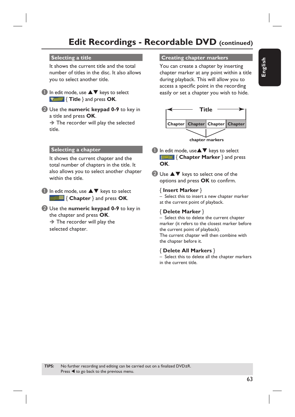 Edit recordings - recordable dvd | Philips DVDR3455H User Manual | Page 63 / 77