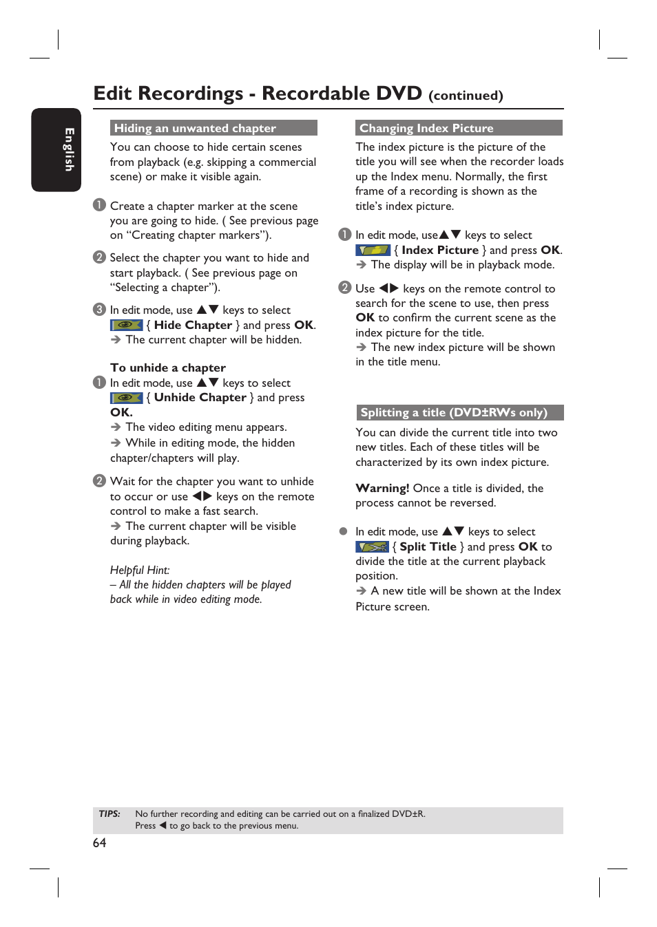 Edit recordings - recordable dvd | Philips DVDR3455H User Manual | Page 64 / 77