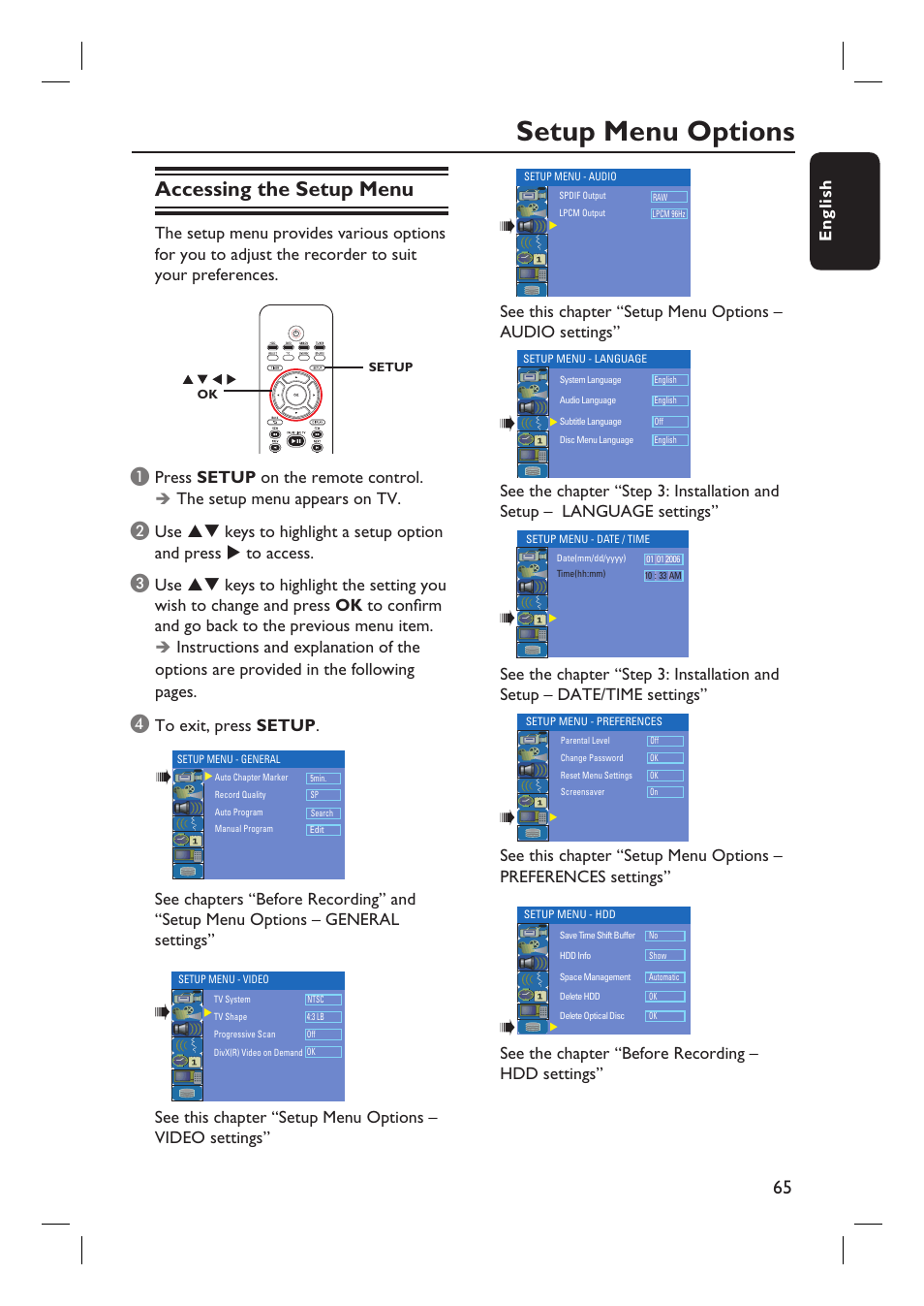 Setup menu options, Accessing the setup menu, English | See the chapter “before recording – hdd settings | Philips DVDR3455H User Manual | Page 65 / 77