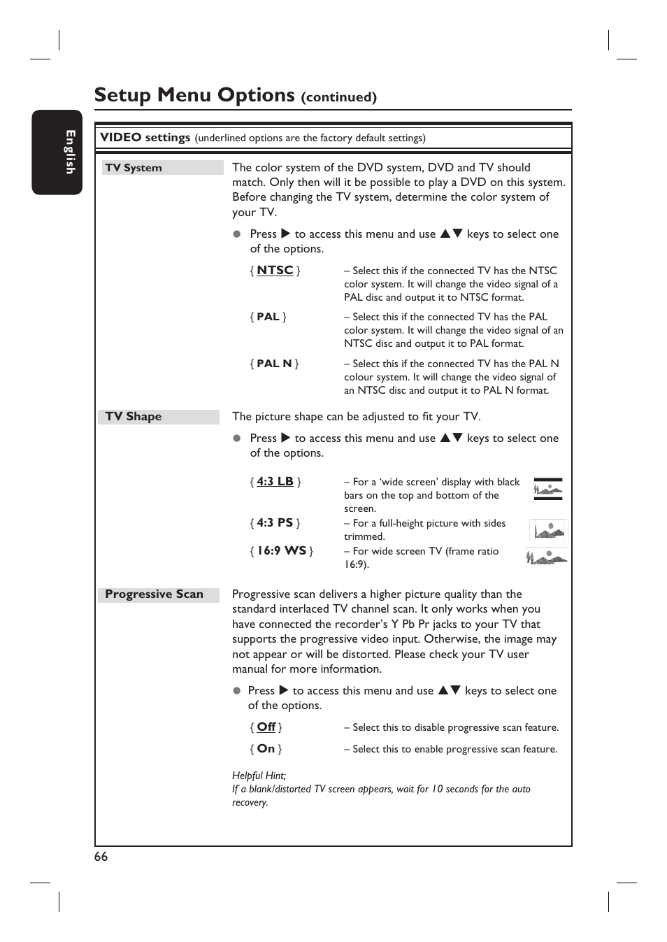 Setup menu options | Philips DVDR3455H User Manual | Page 66 / 77