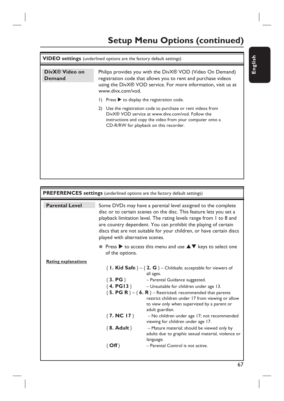 Setup menu options (continued) | Philips DVDR3455H User Manual | Page 67 / 77
