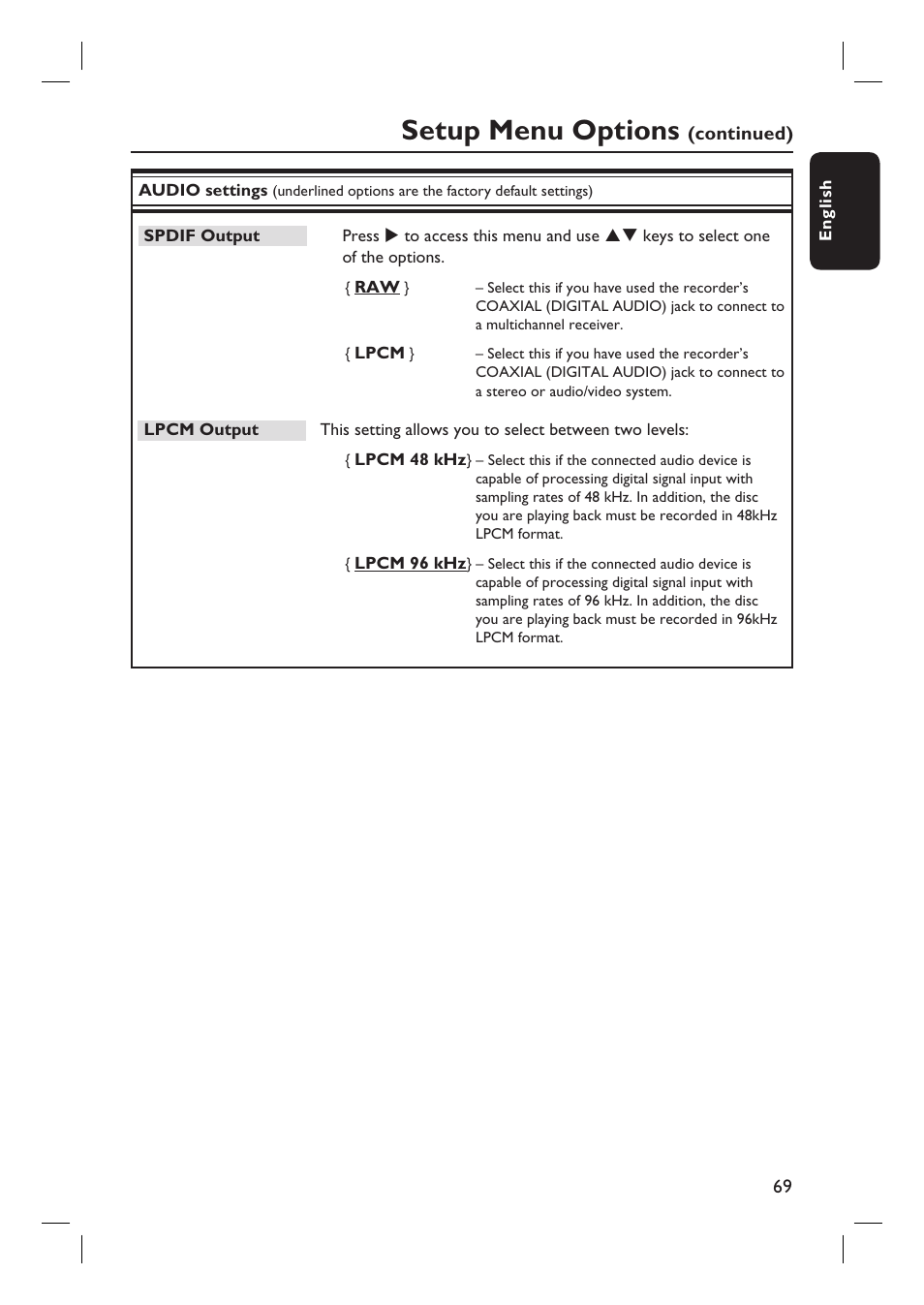 Setup menu options | Philips DVDR3455H User Manual | Page 69 / 77