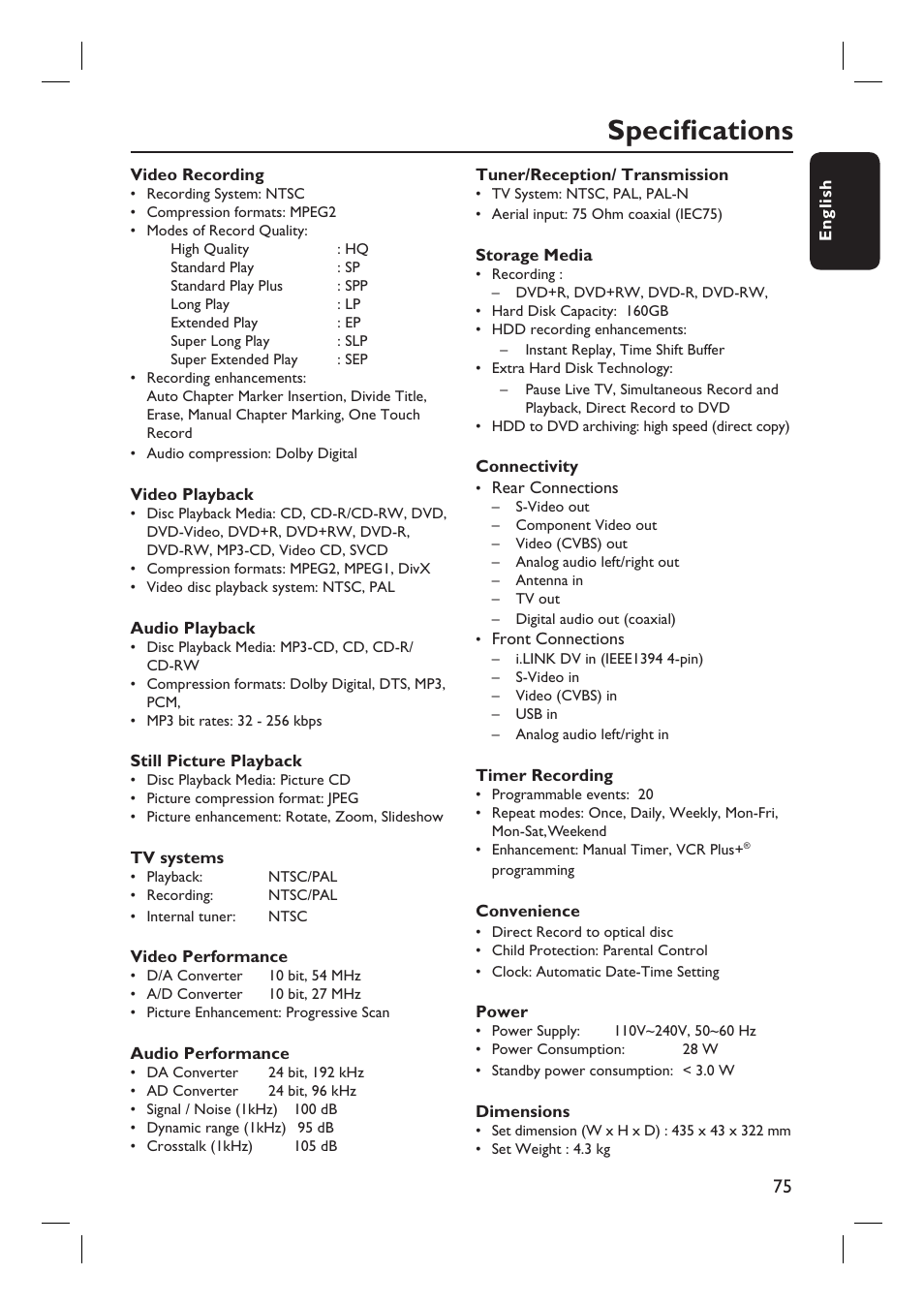 Specifi cations | Philips DVDR3455H User Manual | Page 75 / 77