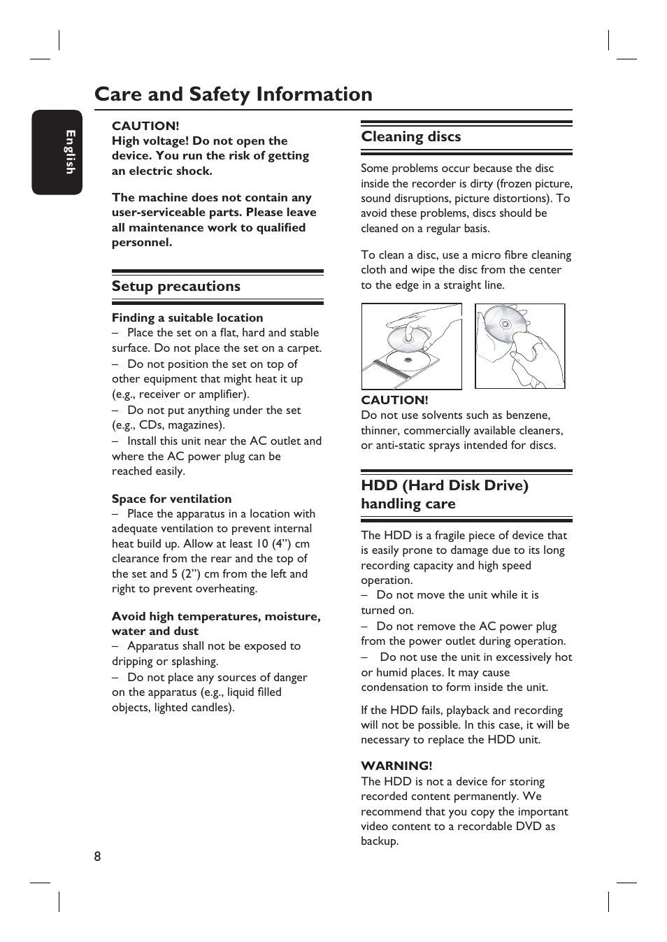 Care and safety information | Philips DVDR3455H User Manual | Page 8 / 77