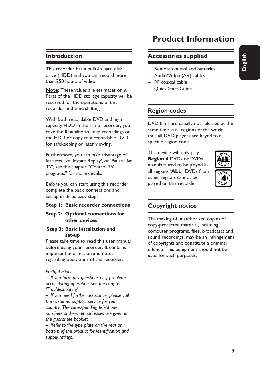 Product information | Philips DVDR3455H User Manual | Page 9 / 77