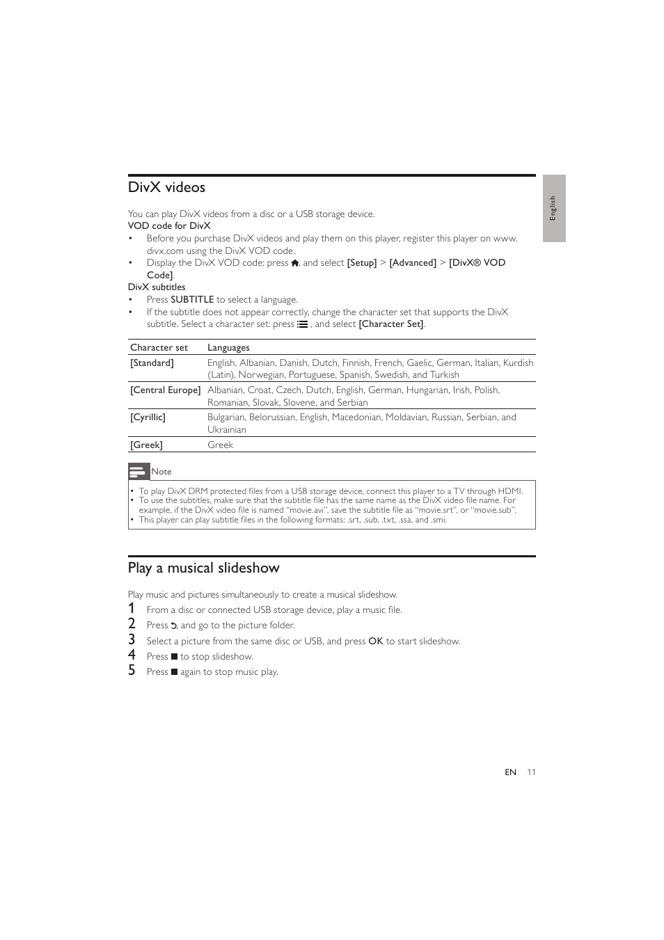 Divx videos, Play a musical slideshow | Philips BDP2600 User Manual | Page 11 / 48