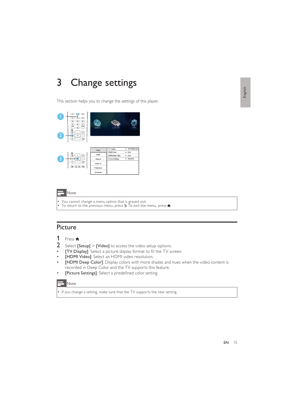 3 change settings, Picture 1 | Philips BDP2600 User Manual | Page 15 / 48