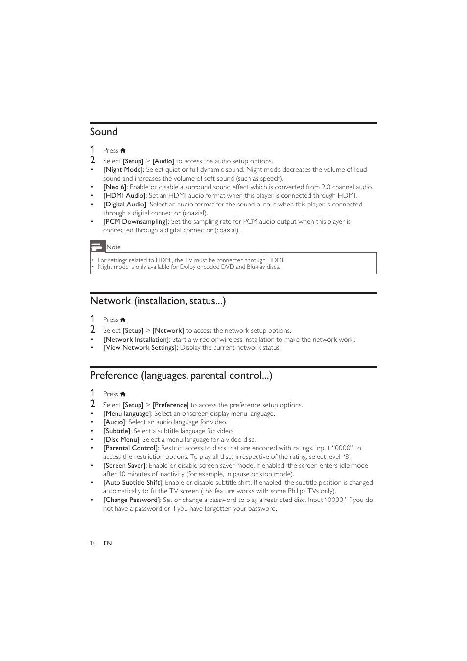 Sound 1, Network (installation, status...) 1, Preference (languages, parental control...) 1 | Philips BDP2600 User Manual | Page 16 / 48