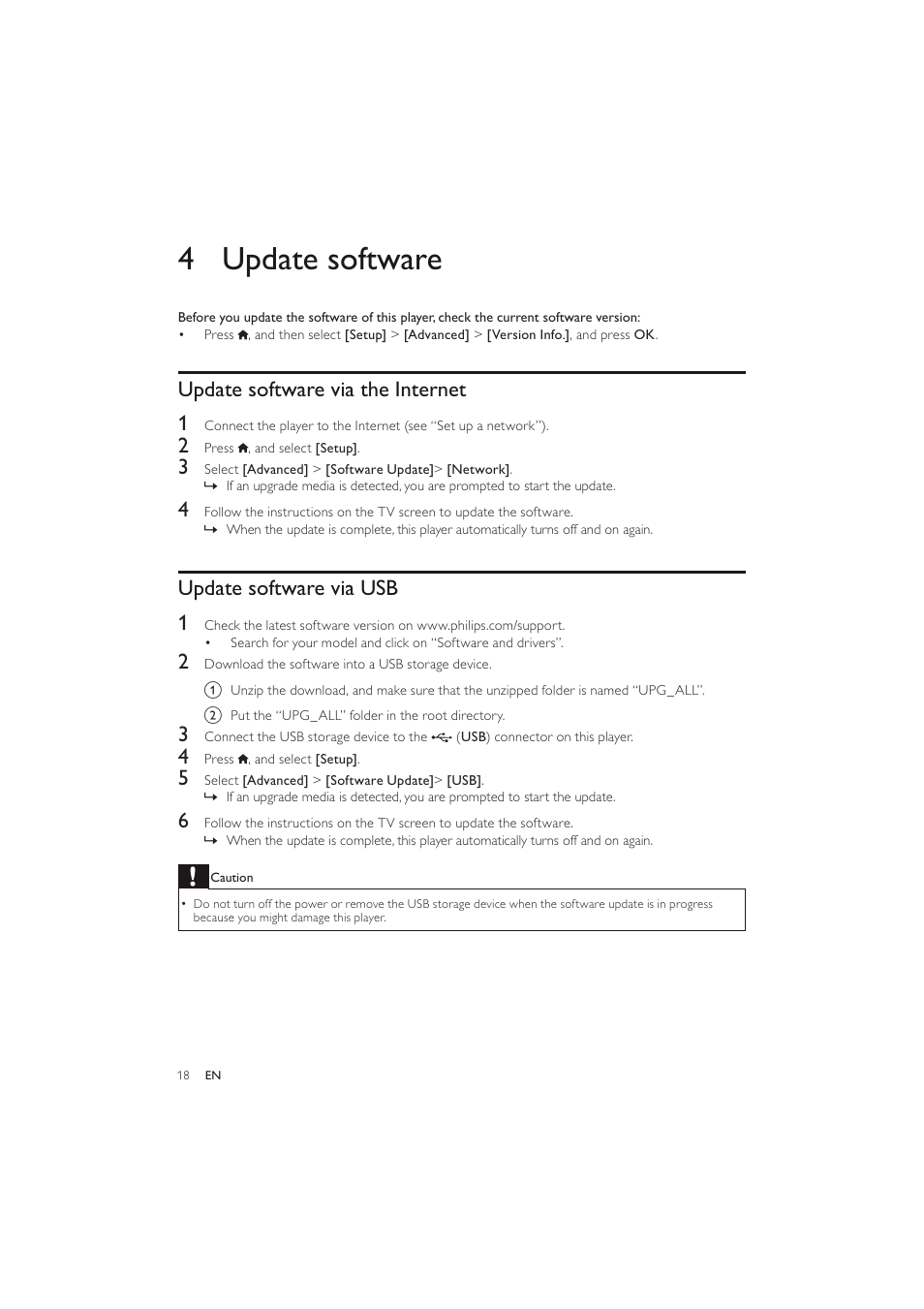 4 update software, Update software via the internet 1, Update software via usb 1 | Philips BDP2600 User Manual | Page 18 / 48