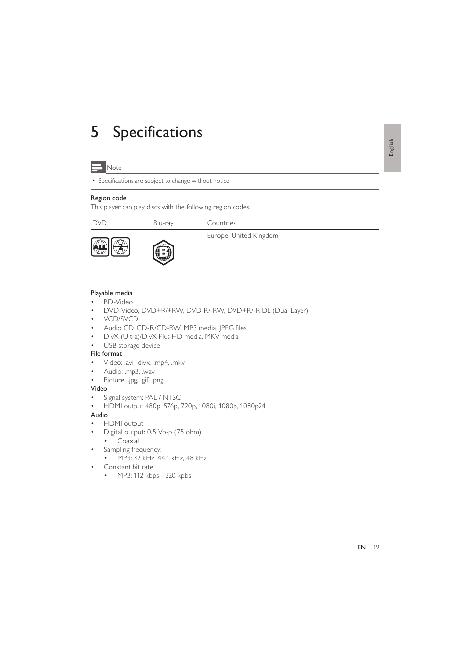 5 specifications | Philips BDP2600 User Manual | Page 19 / 48