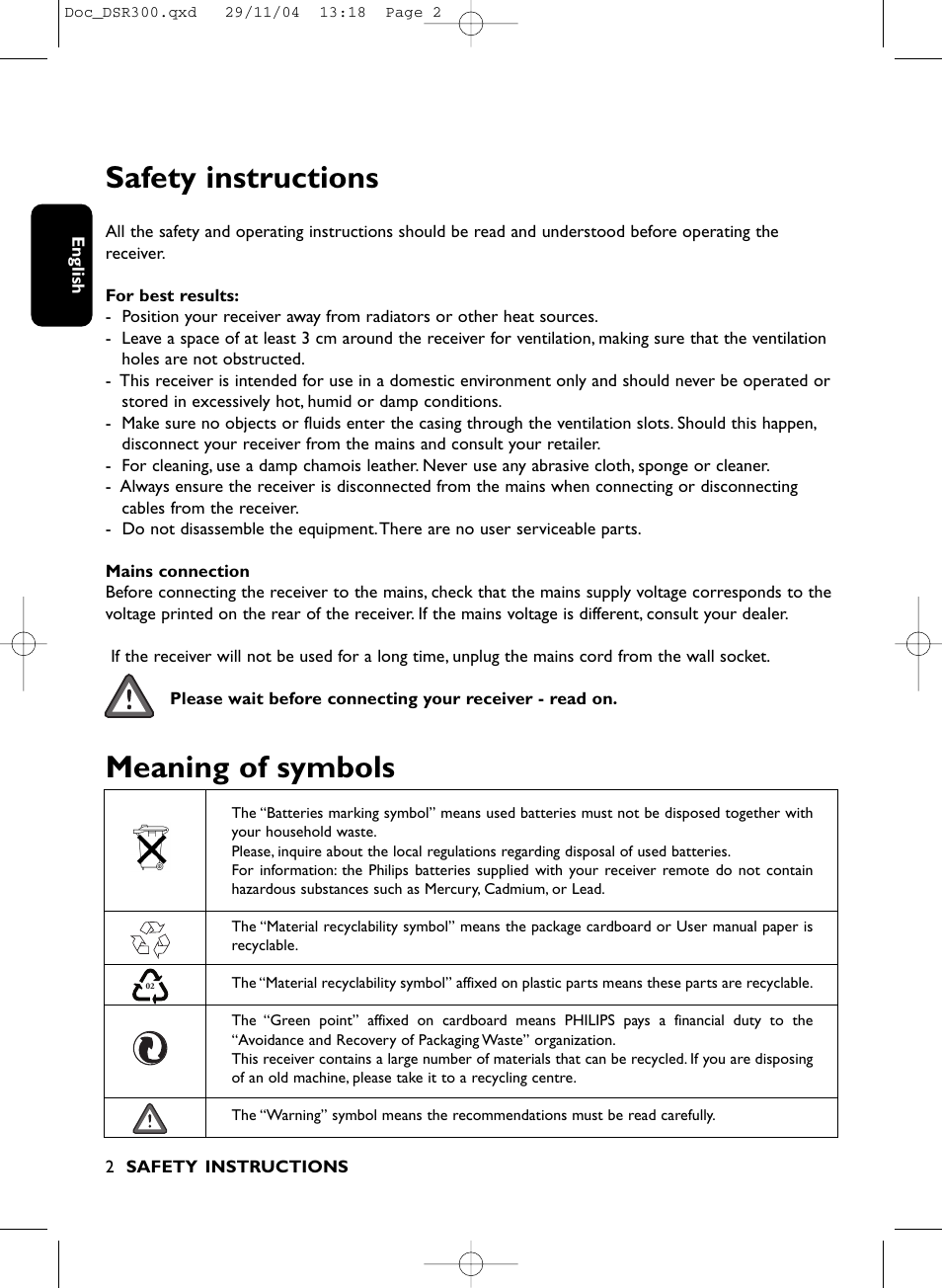 Safety instructions, Meaning of symbols | Philips DSR 300/00 User Manual | Page 2 / 38