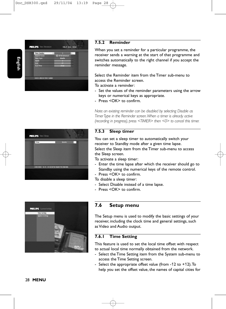 6 setup menu | Philips DSR 300/00 User Manual | Page 28 / 38