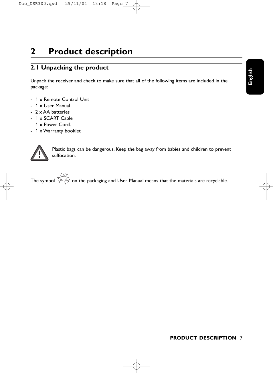 2product description | Philips DSR 300/00 User Manual | Page 7 / 38