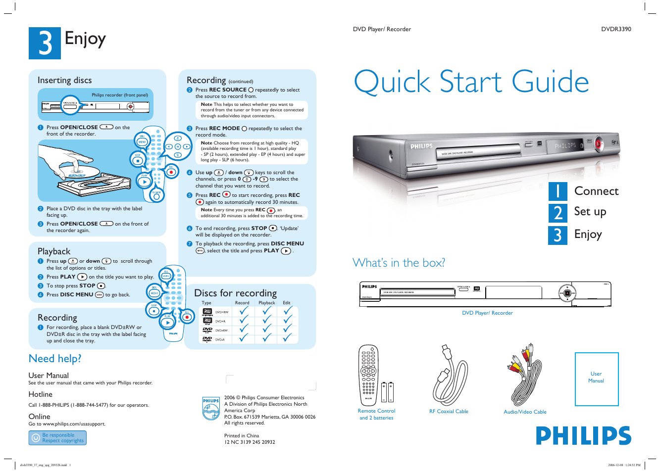 Philips DVDR3390 User Manual | 2 pages