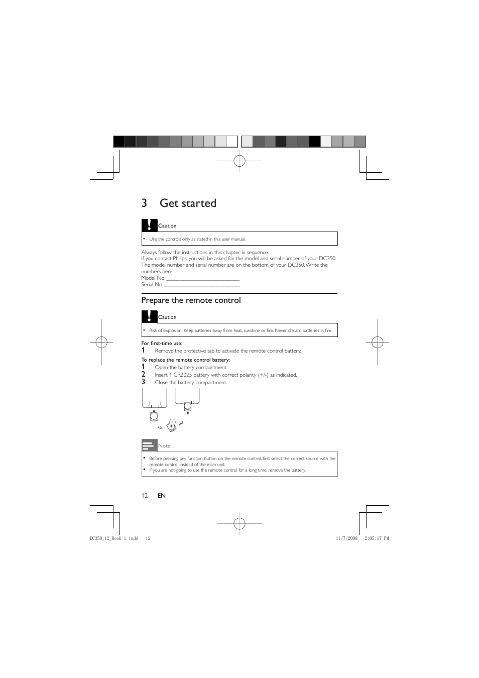 3 get started, Prepare the remote control | Philips DC350/12 User Manual | Page 11 / 25