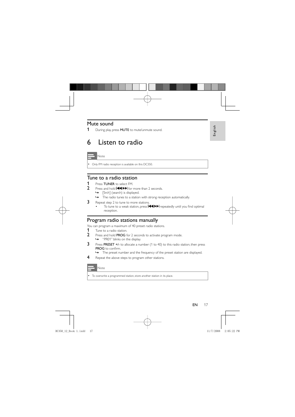 6 listen to radio, Mute sound, Tune to a radio station | Program radio stations manually | Philips DC350/12 User Manual | Page 16 / 25