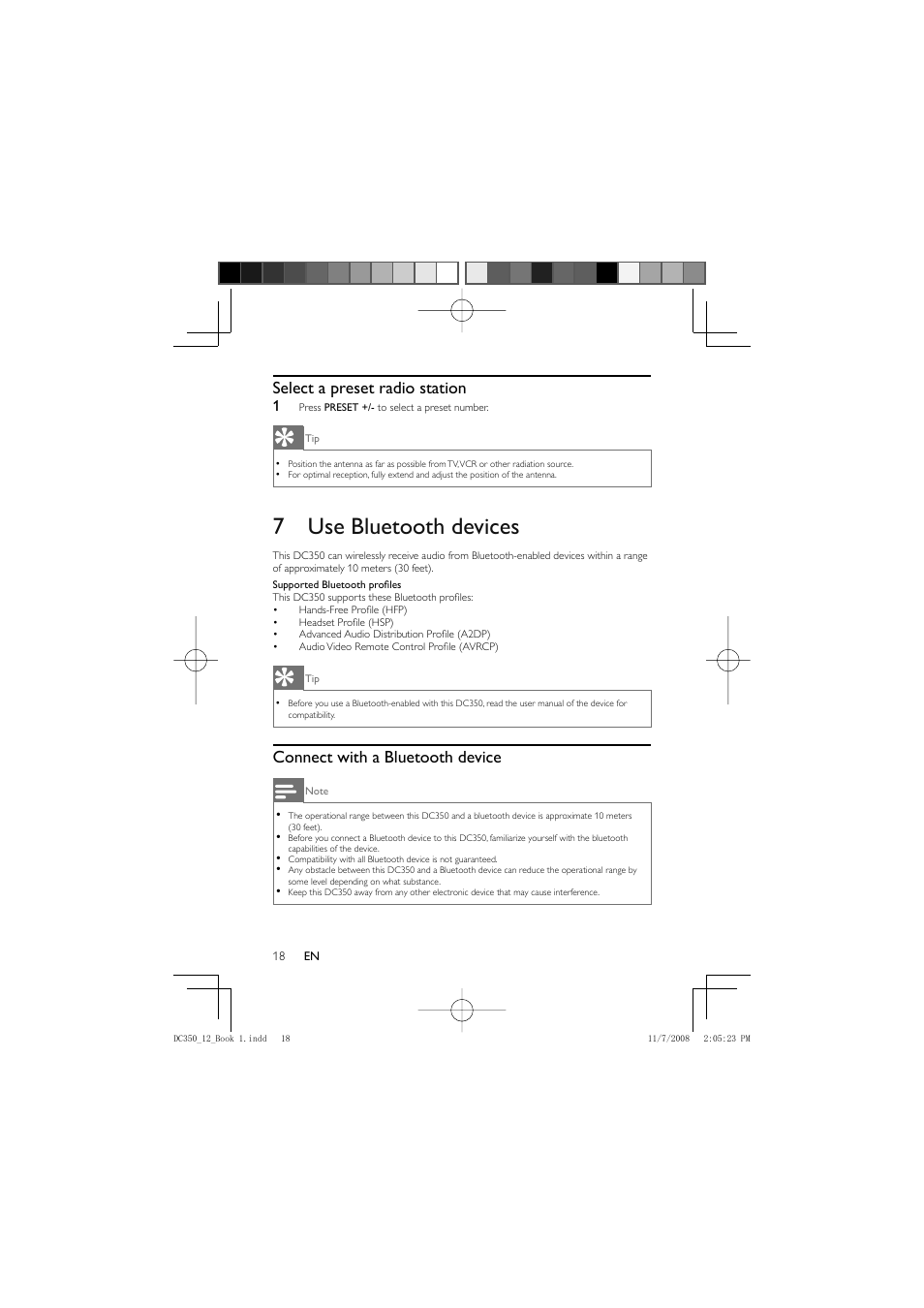 7 use bluetooth devices, Select a preset radio station, Connect with a bluetooth device | Philips DC350/12 User Manual | Page 17 / 25