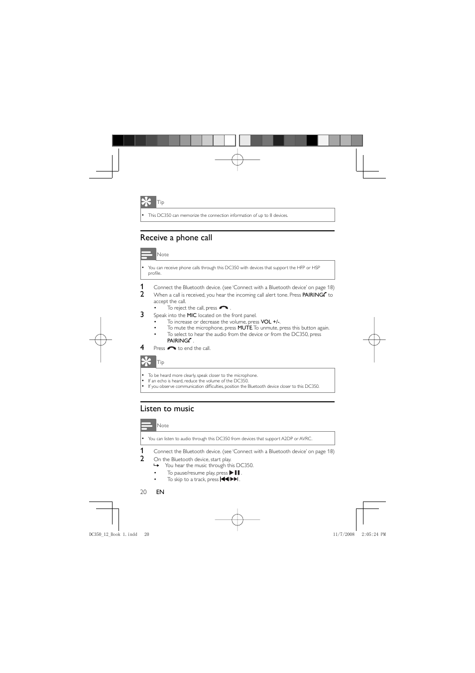 Receive a phone call, Listen to music | Philips DC350/12 User Manual | Page 19 / 25