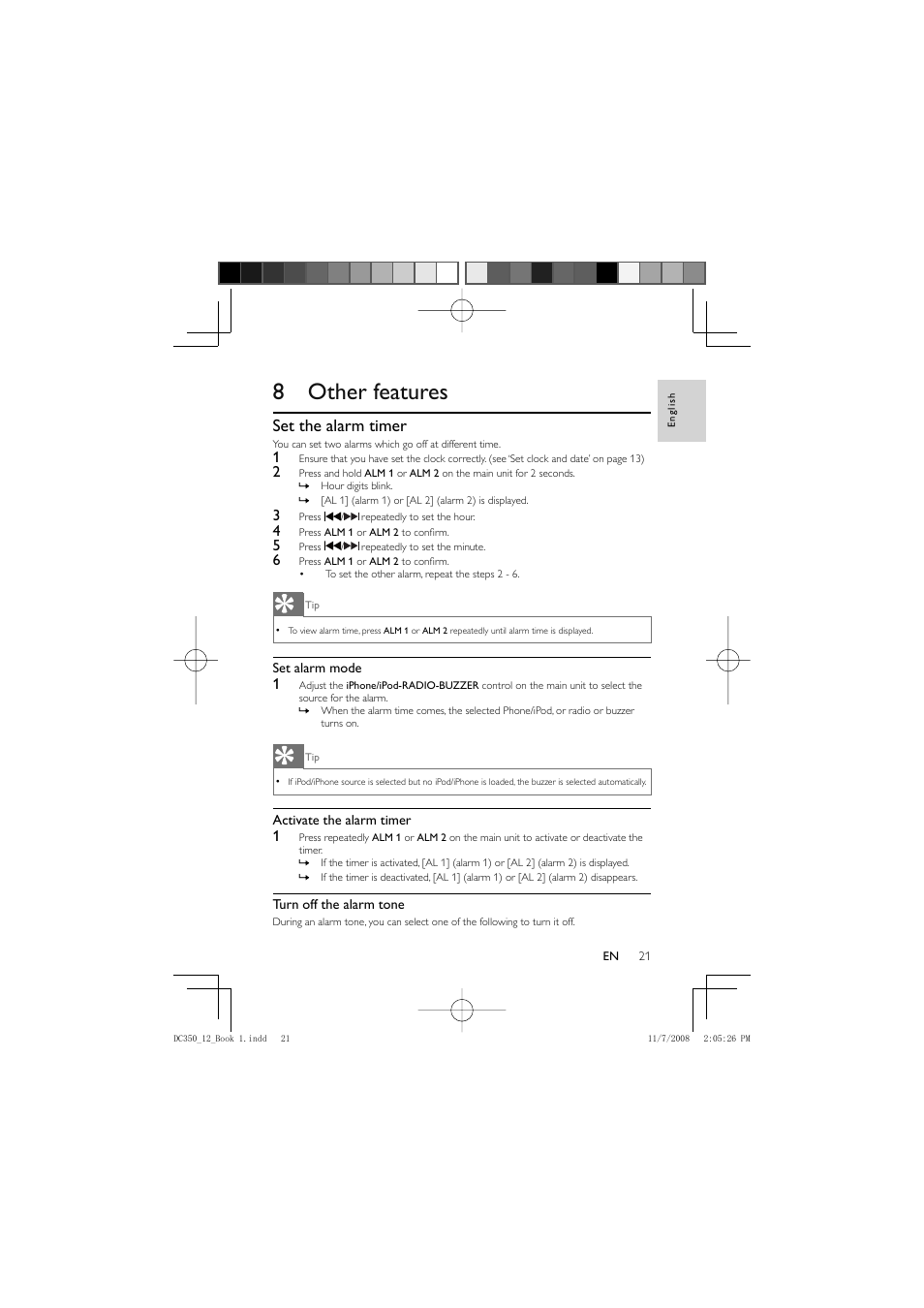 8 other features, Set the alarm timer | Philips DC350/12 User Manual | Page 20 / 25