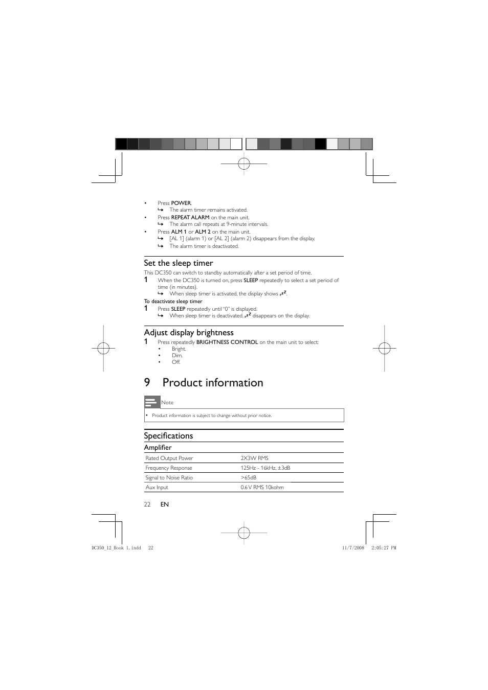 9 product information, Set the sleep timer, Adjust display brightness | Specifi cations | Philips DC350/12 User Manual | Page 21 / 25