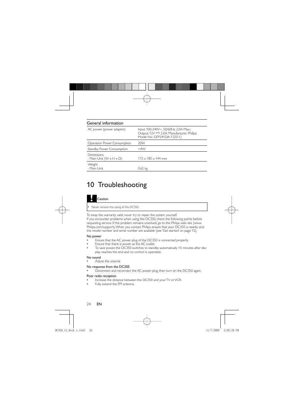 10 troubleshooting | Philips DC350/12 User Manual | Page 23 / 25