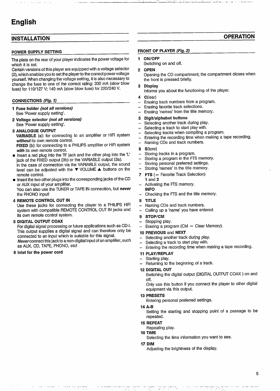 Power supply setting, English, Installation operation | Philips CD 634 User Manual | Page 5 / 14