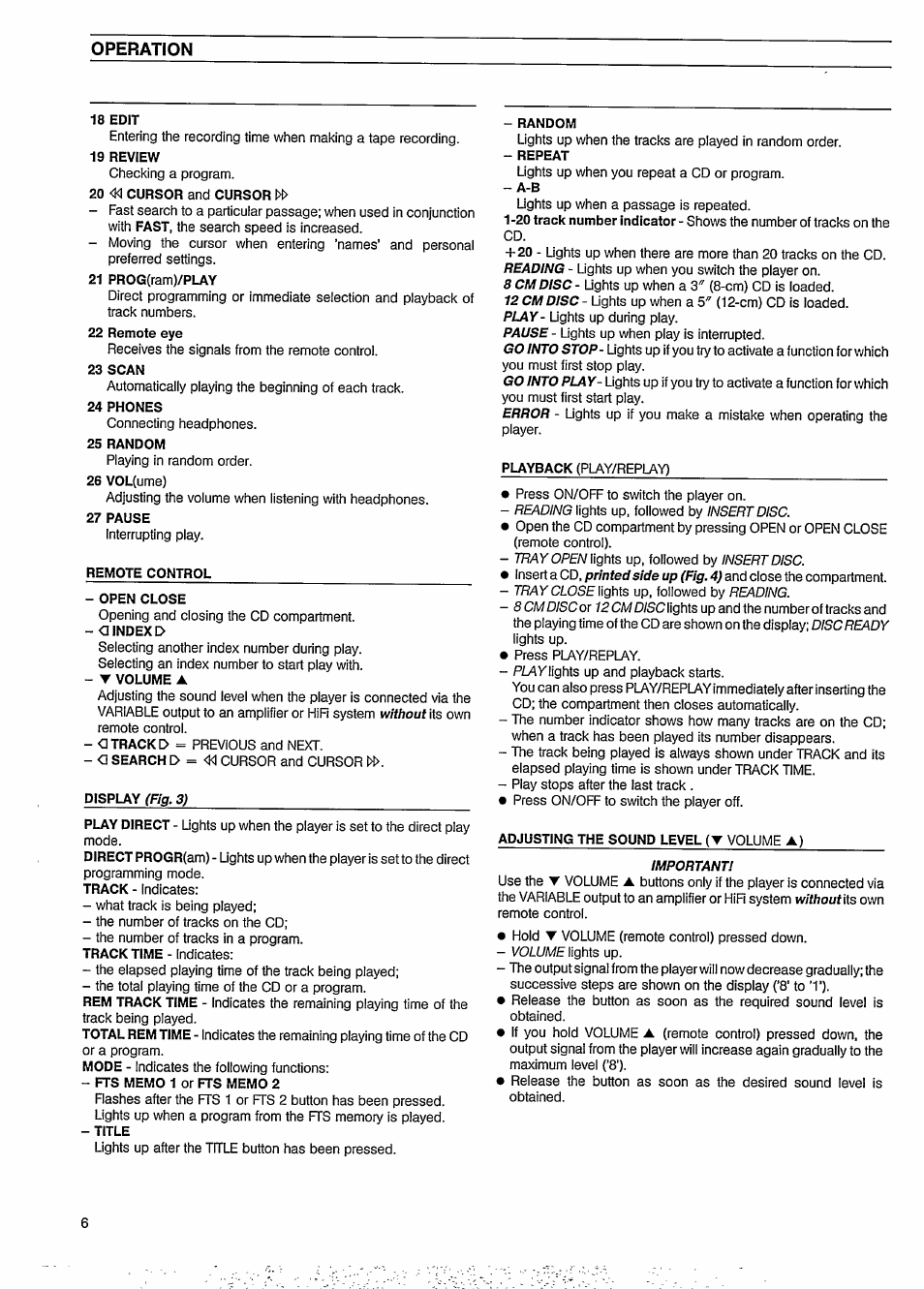 18 edit, 20 «1 cursor and cursor 1, 21 prog(ram)/play | 22 remote eye, 23 scan, 24 phones, 25 random, 27 pause, Remote control, Open close | Philips CD 634 User Manual | Page 6 / 14