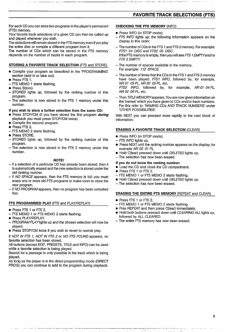 Storing a favorite track selection (fts and store), Checking the fts memory (info), Erasing a favorite track selection (clear) | Favorite track selections (fts) | Philips CD 634 User Manual | Page 9 / 14