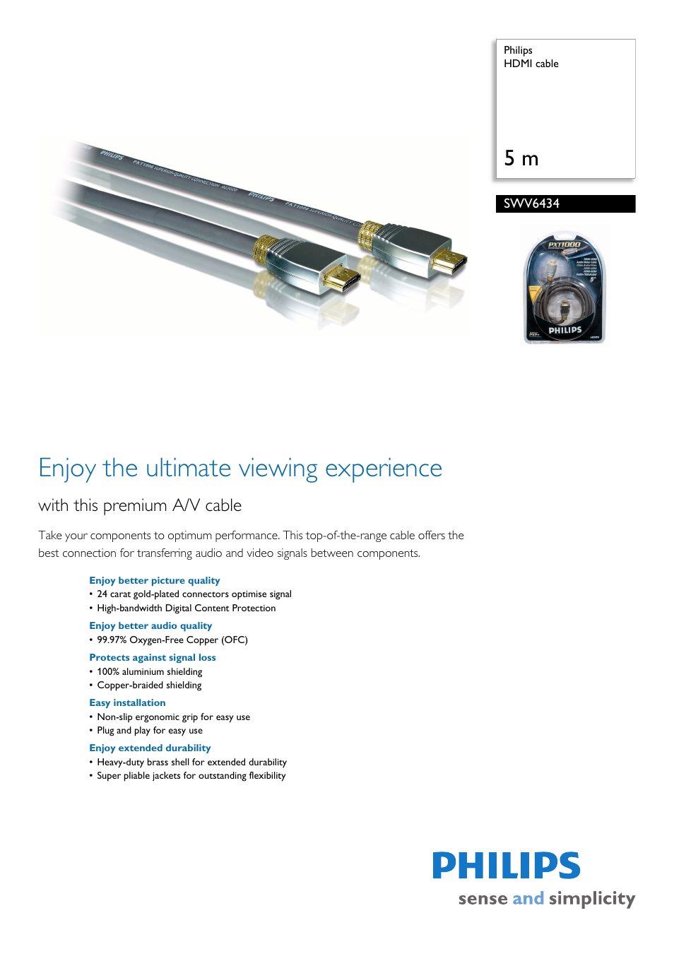 Philips HDMI Cable SWV6434 User Manual | 2 pages