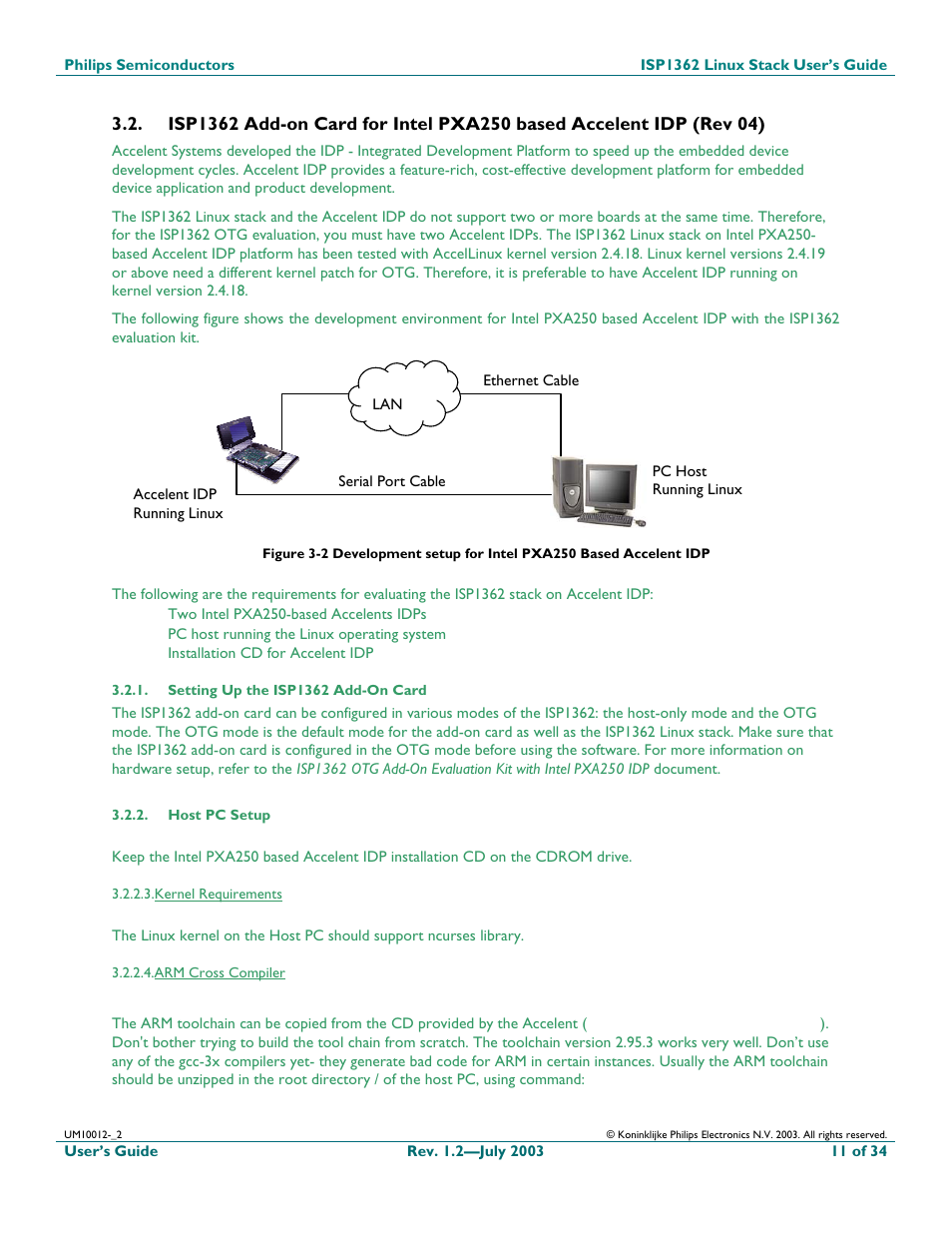 Setting up the isp1362 add-on card, Host pc setup, Kernel requirements | Arm cross compiler | Philips ISP1362 User Manual | Page 11 / 35