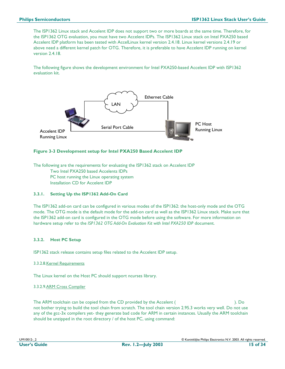 Setting up the isp1362 add-on card, Host pc setup, Kernel requirements | Arm cross compiler | Philips ISP1362 User Manual | Page 15 / 35