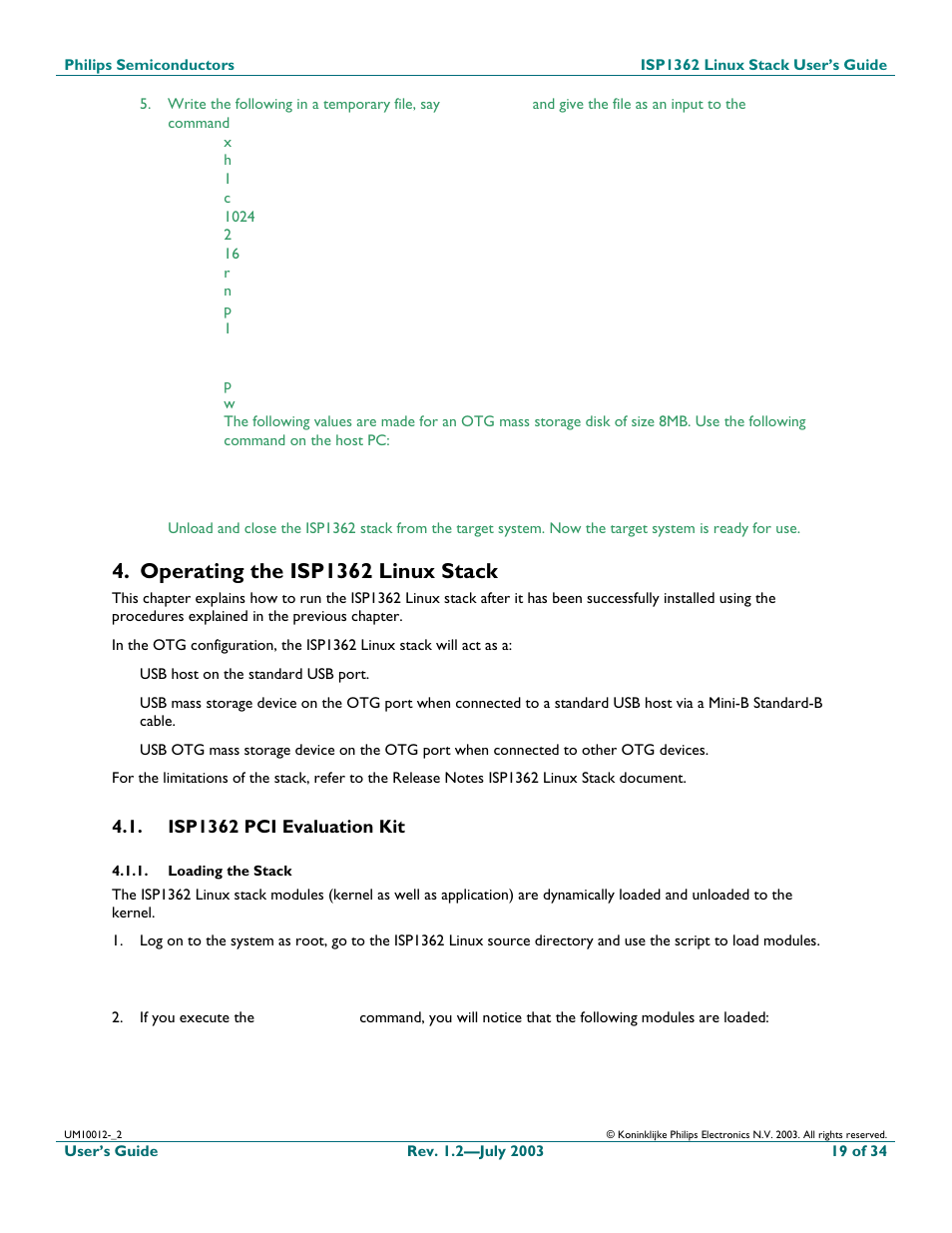 Operating the isp1362 linux stack, Isp1362 pci evaluation kit, Loading the stack | Philips ISP1362 User Manual | Page 19 / 35