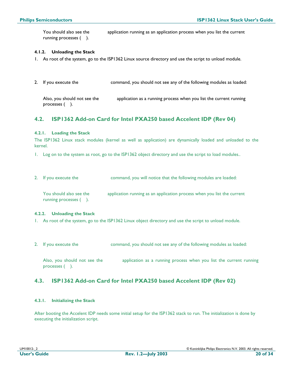 Unloading the stack, Loading the stack, Initializing the stack | Philips ISP1362 User Manual | Page 20 / 35