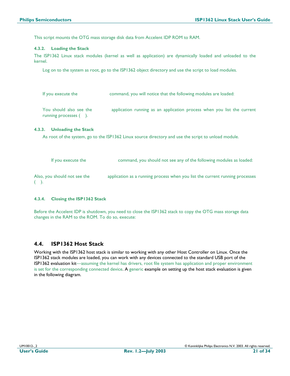 Loading the stack, Unloading the stack, Closing the isp1362 stack | Isp1362 host stack | Philips ISP1362 User Manual | Page 21 / 35