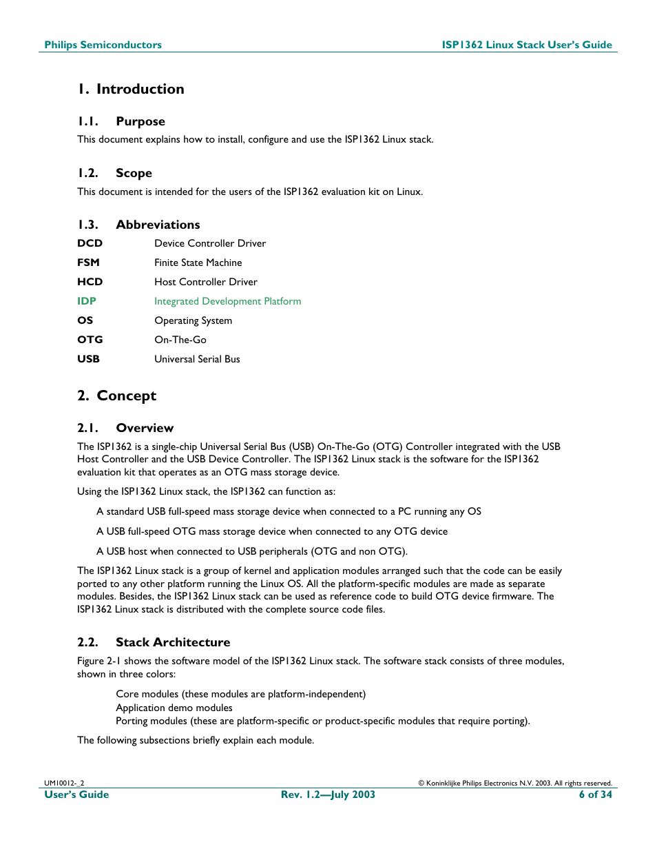 Introduction, Purpose, Scope | Abbreviations, Concept, Overview, Stack architecture | Philips ISP1362 User Manual | Page 6 / 35