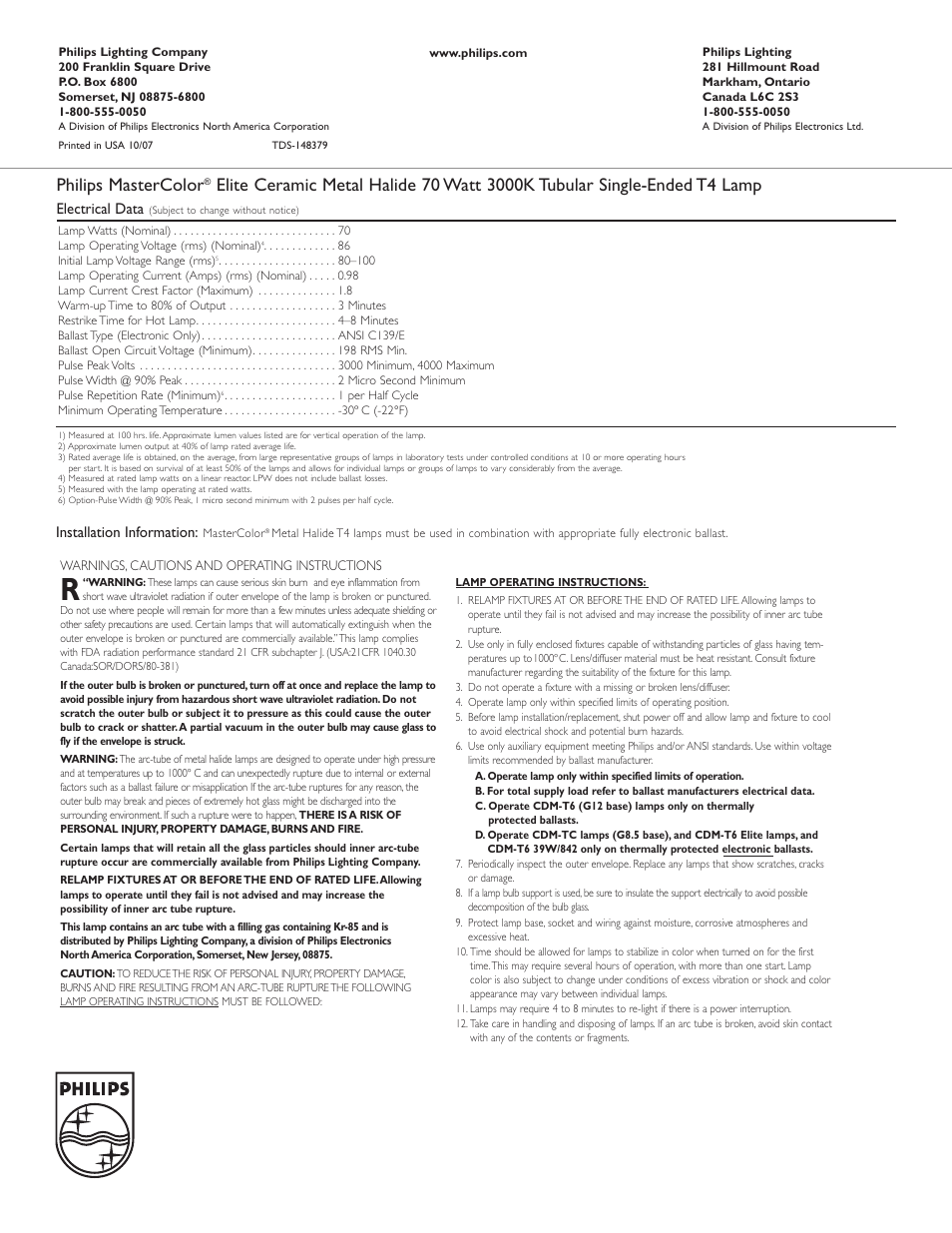 Philips mastercolor, Electrical data, Installation information | Philips 14837-9 User Manual | Page 2 / 2