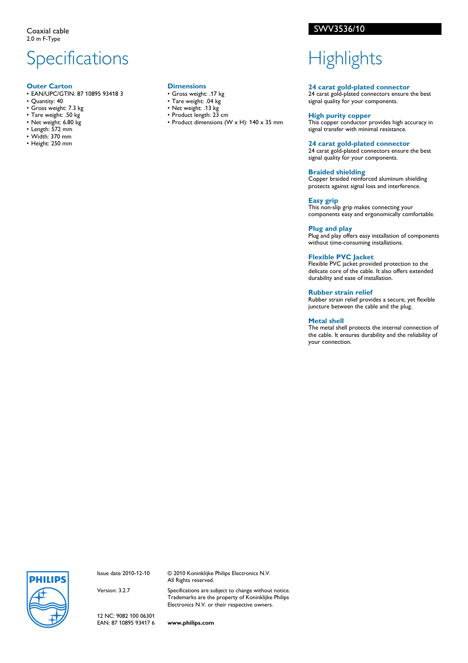 Specifications, Highlights | Philips F-Type SWV3536/10 User Manual | Page 2 / 2