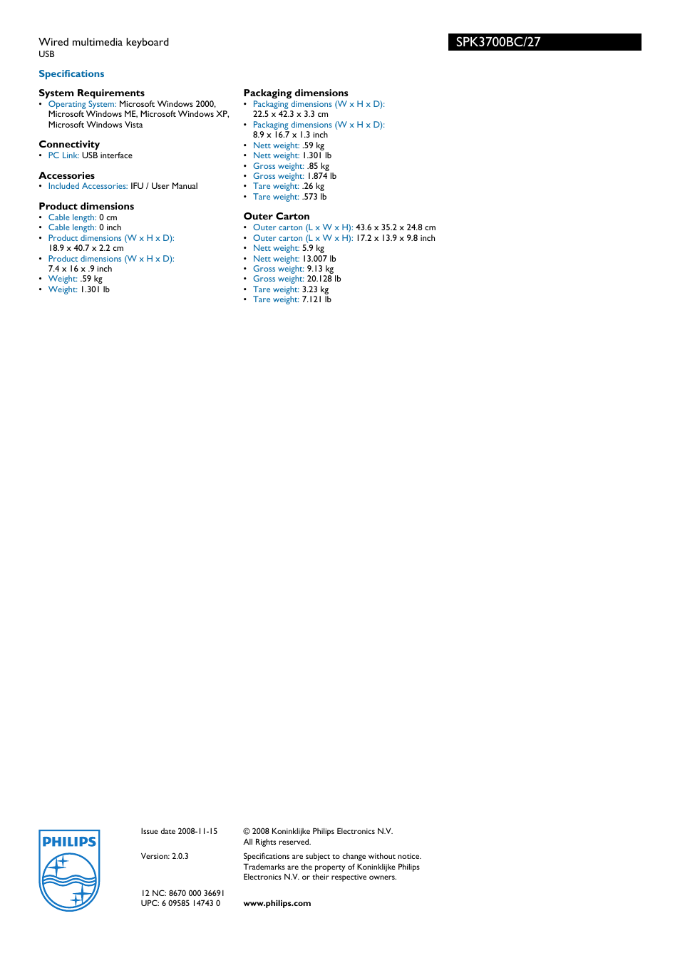 Philips SPK3700BC/61 User Manual | Page 2 / 2