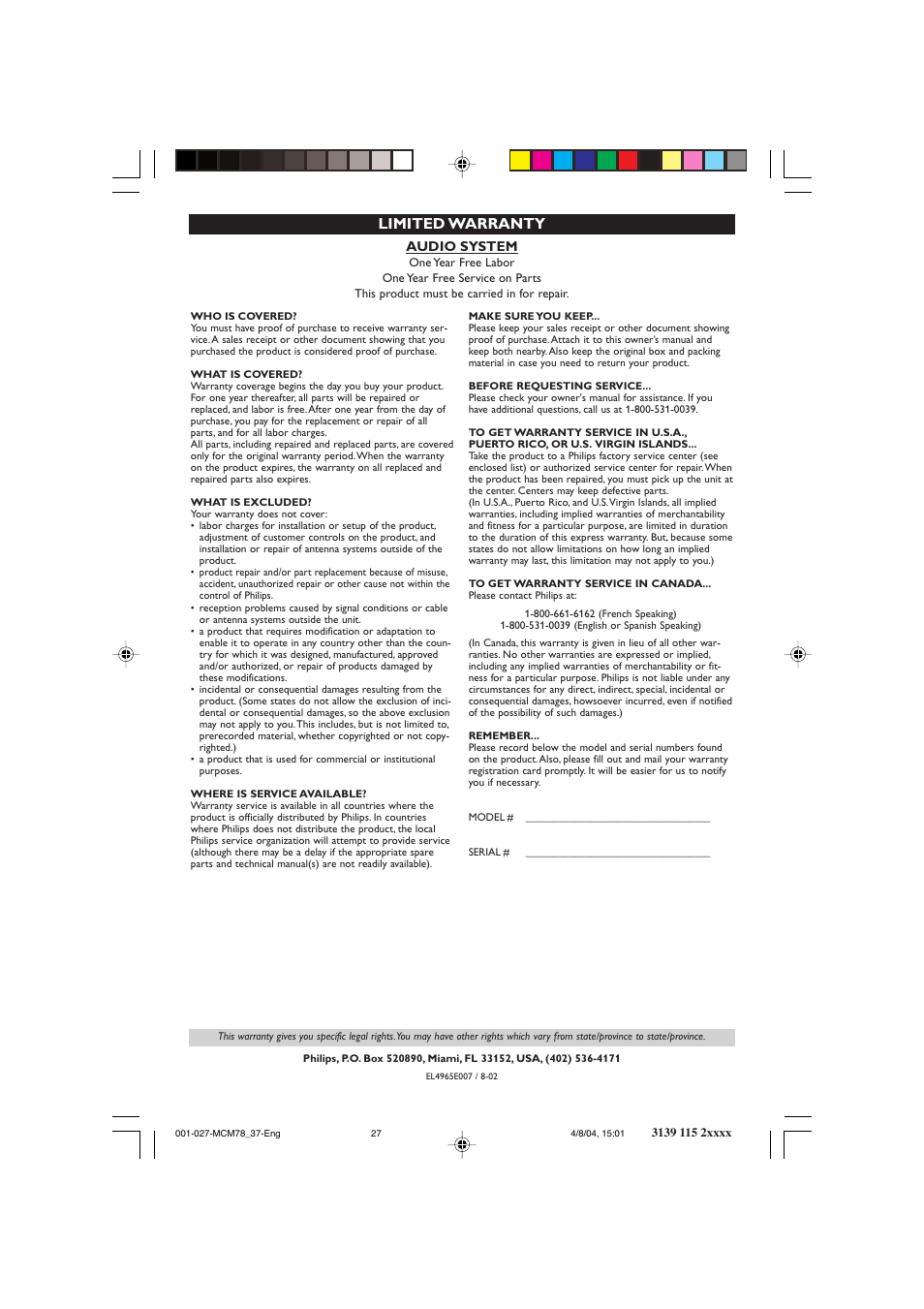 Limited warranty | Philips MCM8 User Manual | Page 27 / 27