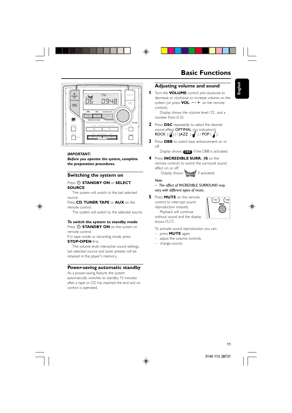 Basic functions, Switching the system on, Power-saving automatic standby | Adjusting volume and sound 1 | Philips MC-110 User Manual | Page 11 / 22