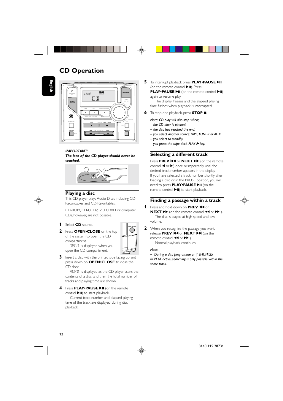 Cd operation, Playing a disc, Selecting a different track | Finding a passage within a track 1 | Philips MC-110 User Manual | Page 12 / 22