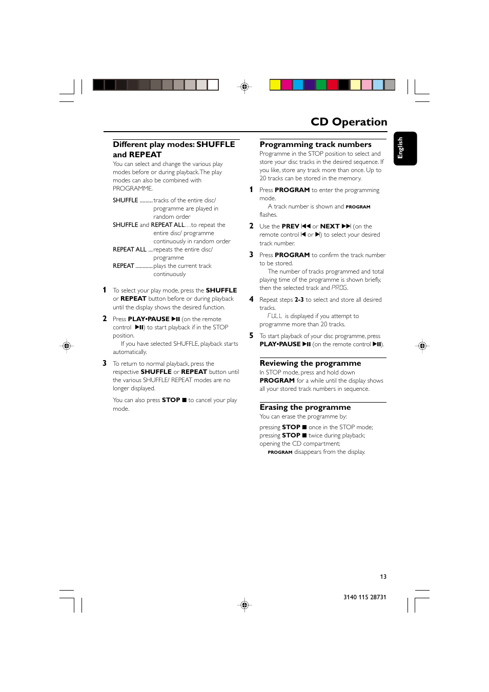Cd operation, Different play modes: shuffle and repeat, Programming track numbers | Reviewing the programme, Erasing the programme | Philips MC-110 User Manual | Page 13 / 22
