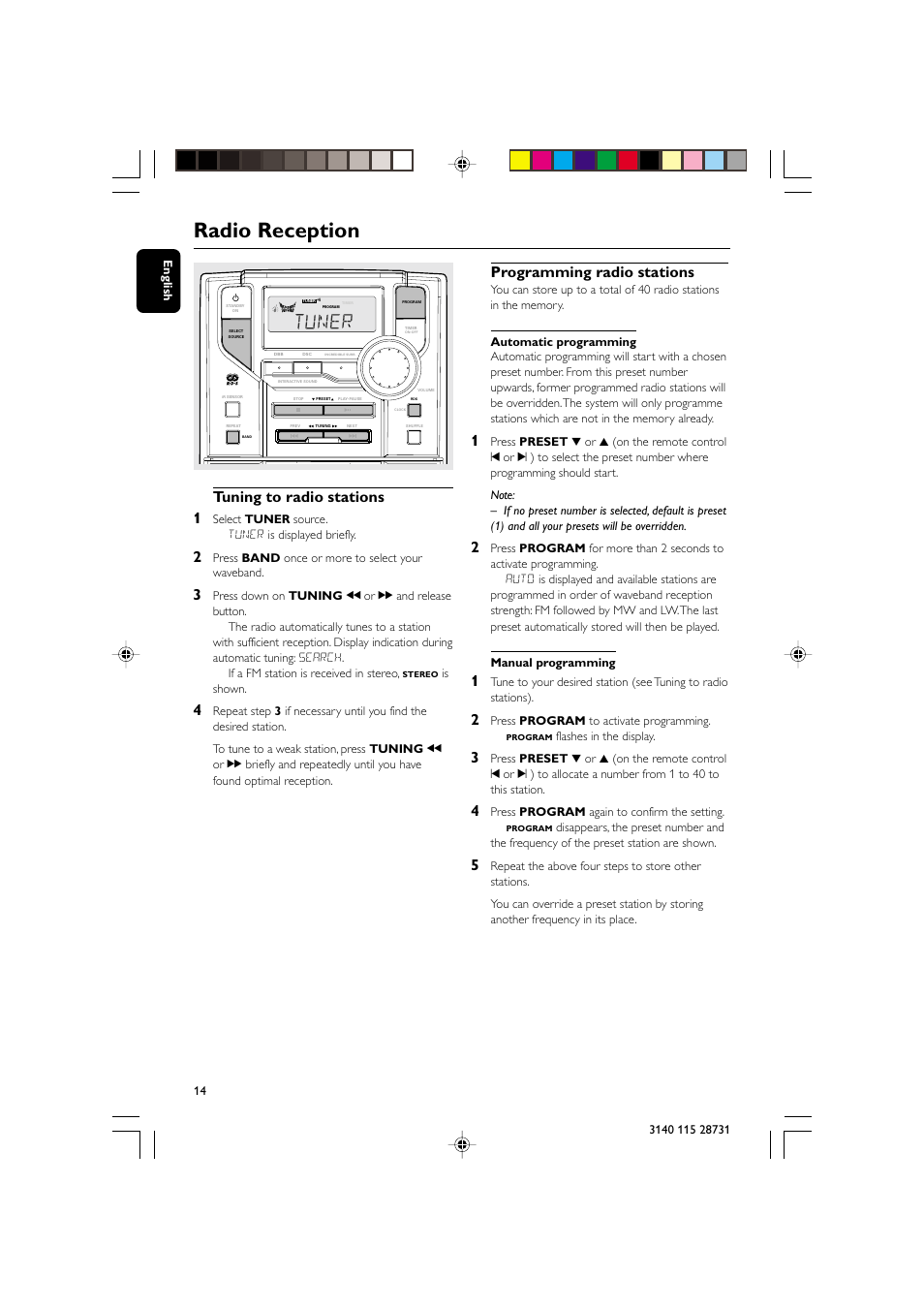 Radio reception, Tuning to radio stations 1, Programming radio stations | Philips MC-110 User Manual | Page 14 / 22