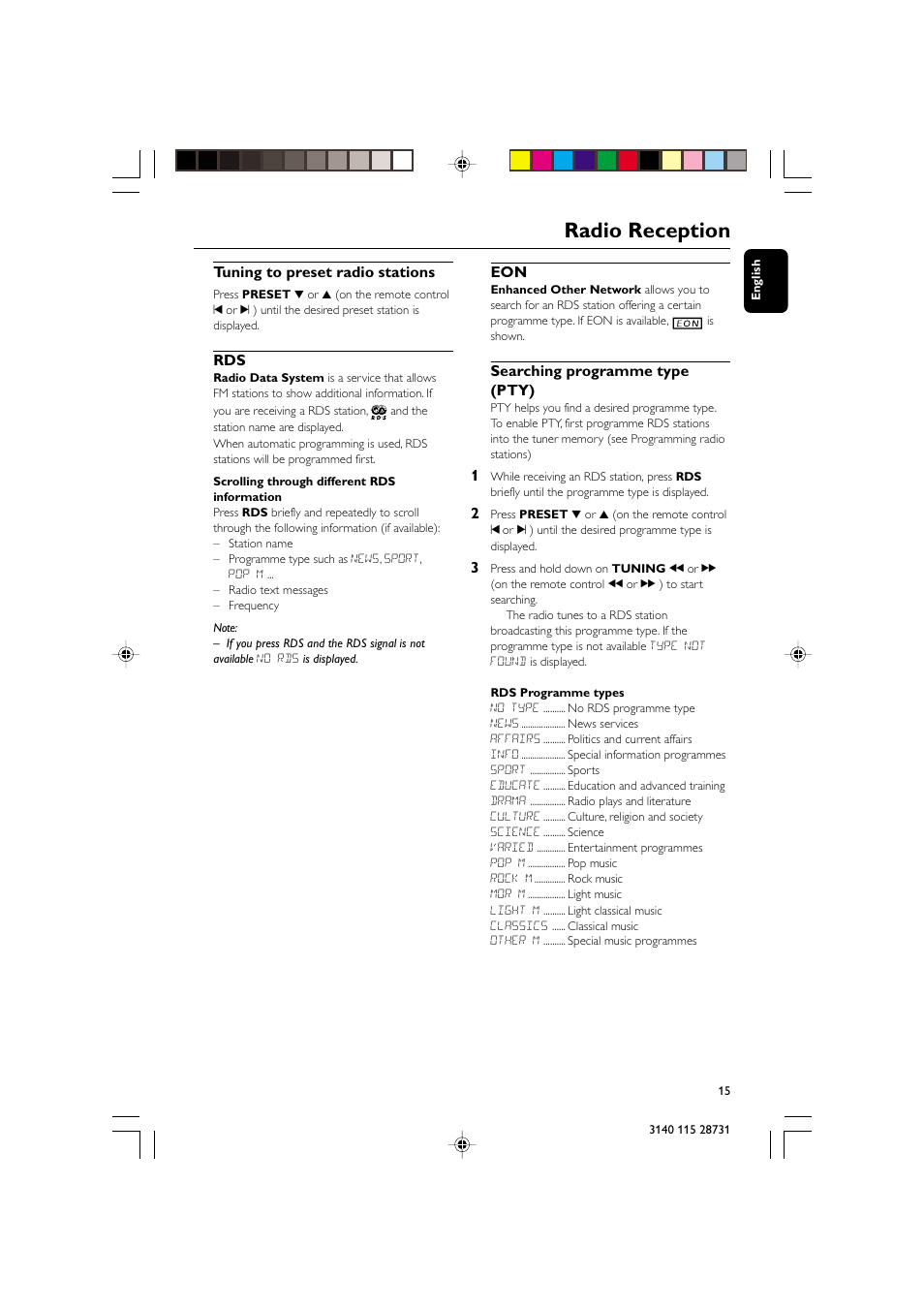 Radio reception, Tuning to preset radio stations, Searching programme type (pty) | Philips MC-110 User Manual | Page 15 / 22