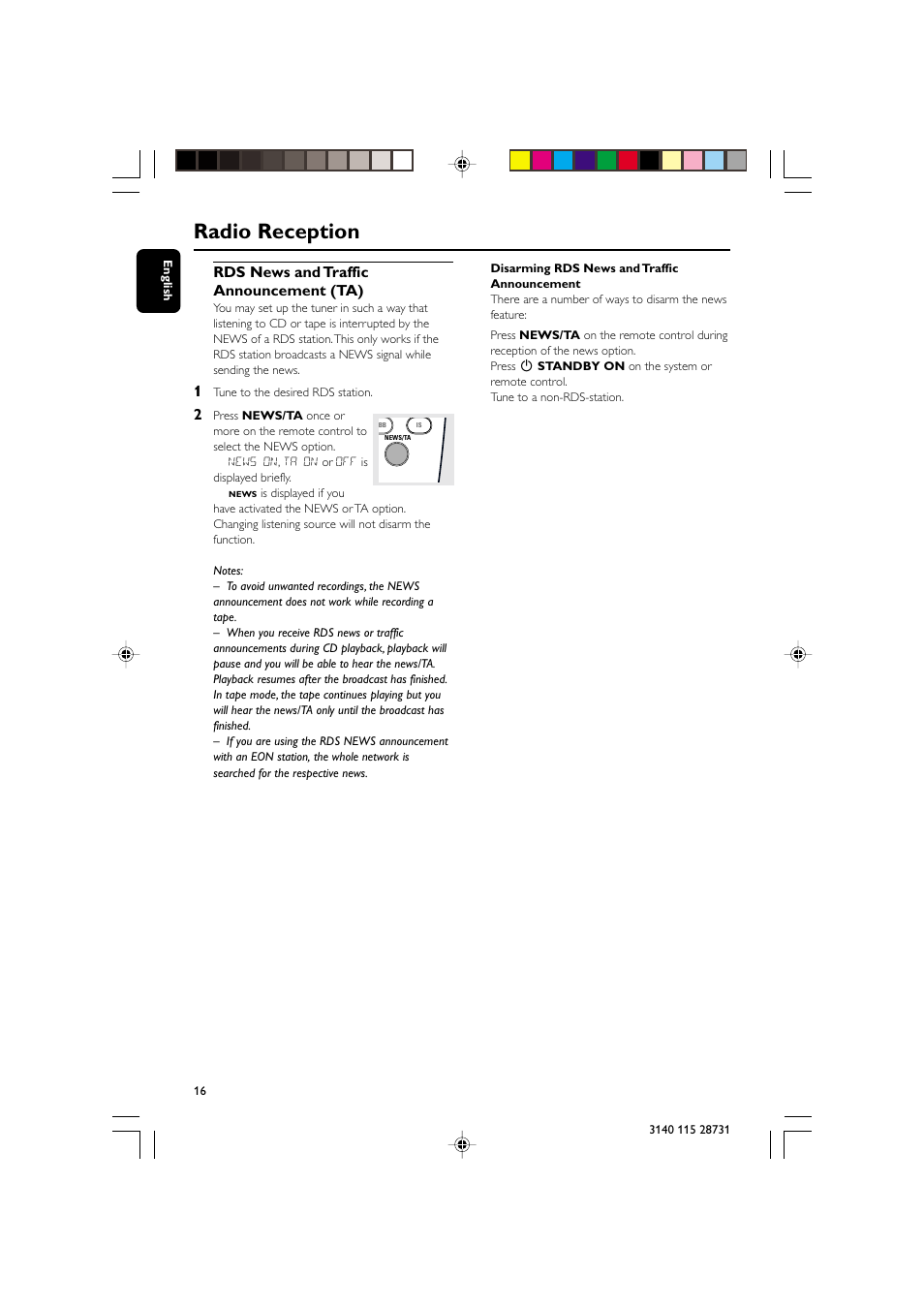 Radio reception, Rds news and traffic announcement (ta) | Philips MC-110 User Manual | Page 16 / 22