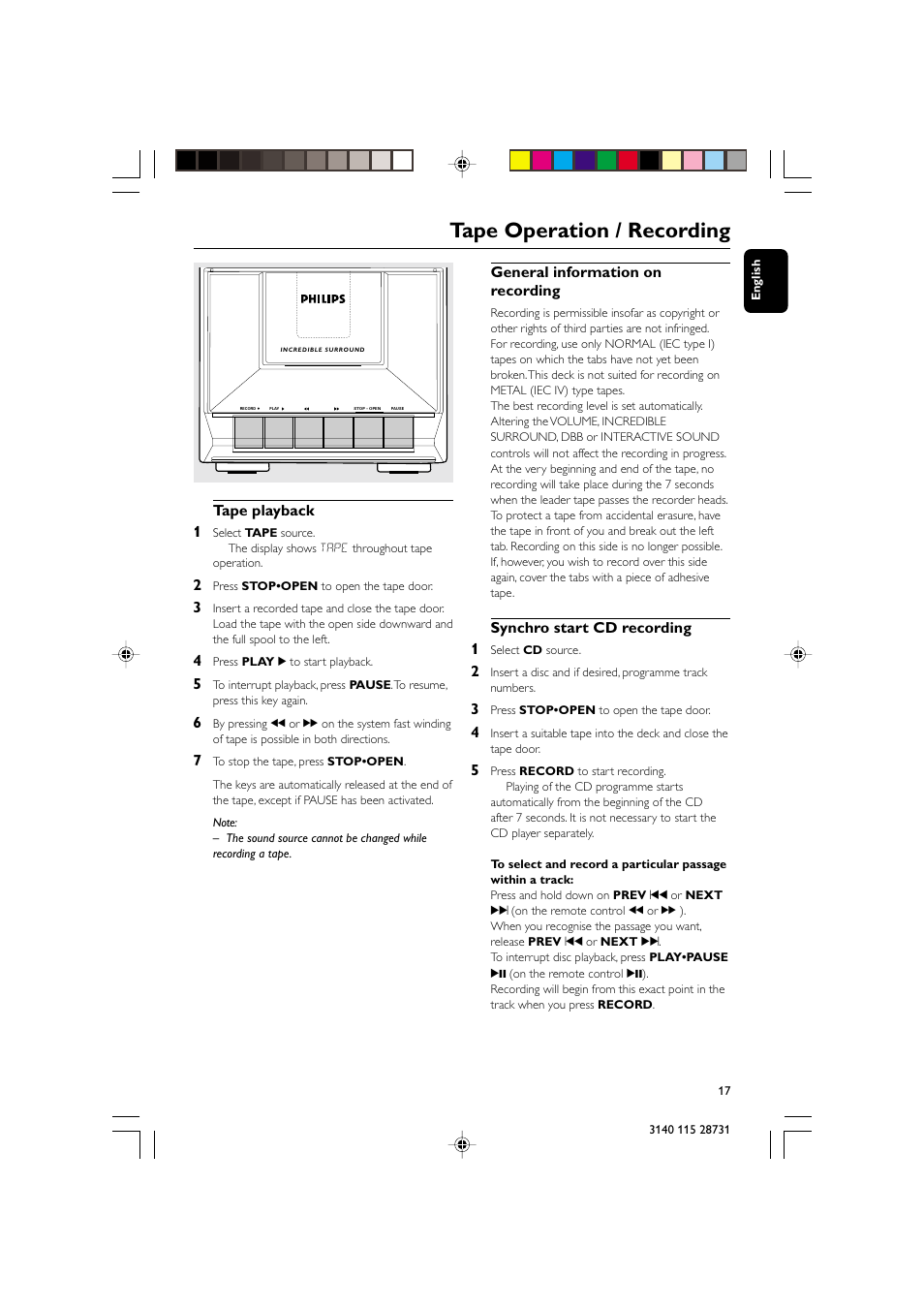 Tape operation / recording, Tape playback 1, General information on recording | Synchro start cd recording 1 | Philips MC-110 User Manual | Page 17 / 22