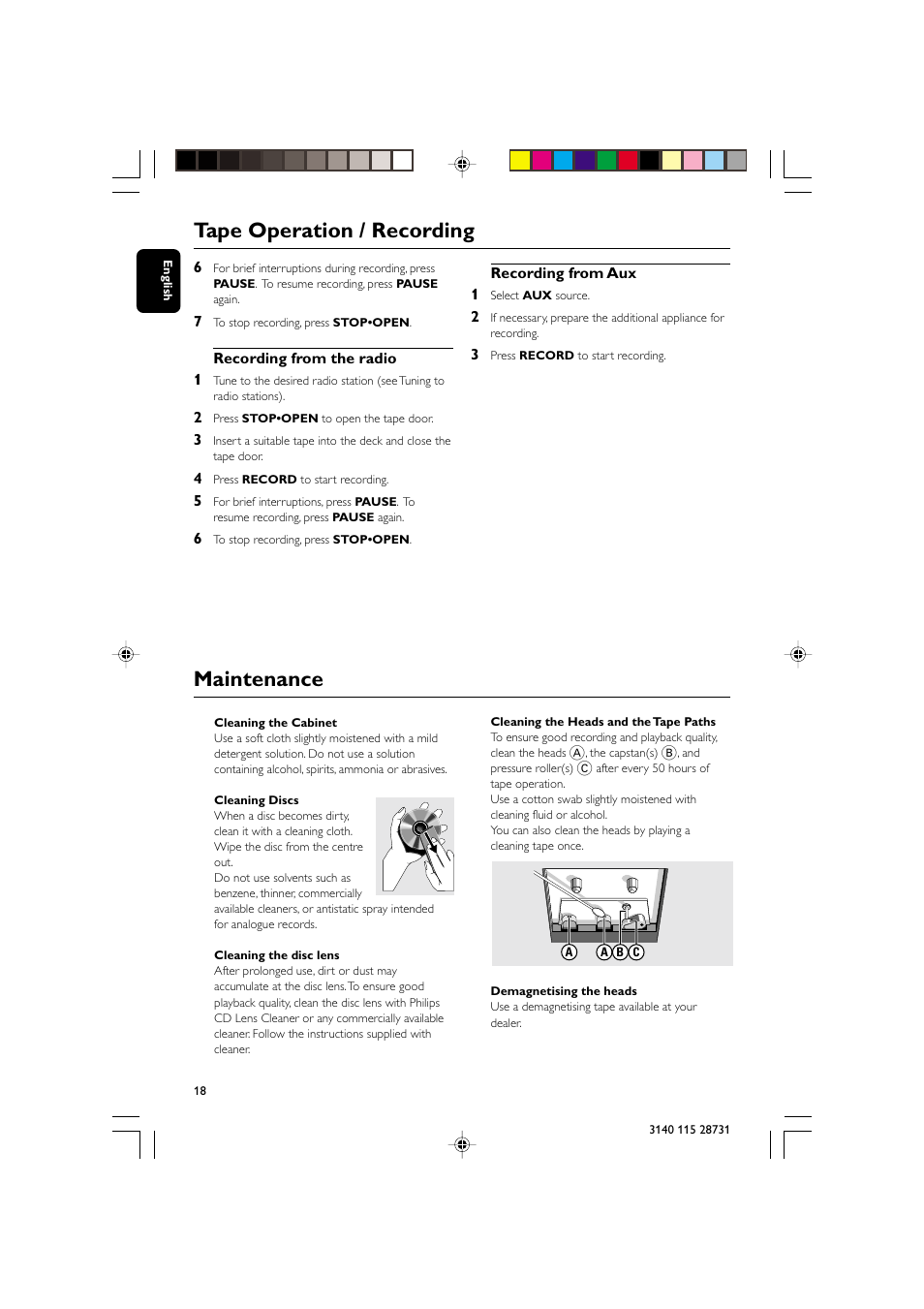 Tape operation / recording, Maintenance | Philips MC-110 User Manual | Page 18 / 22