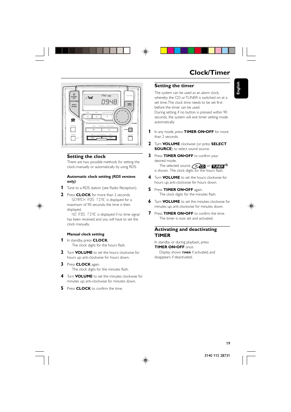 Clock/timer, Setting the clock, Setting the timer | Activating and deactivating timer | Philips MC-110 User Manual | Page 19 / 22