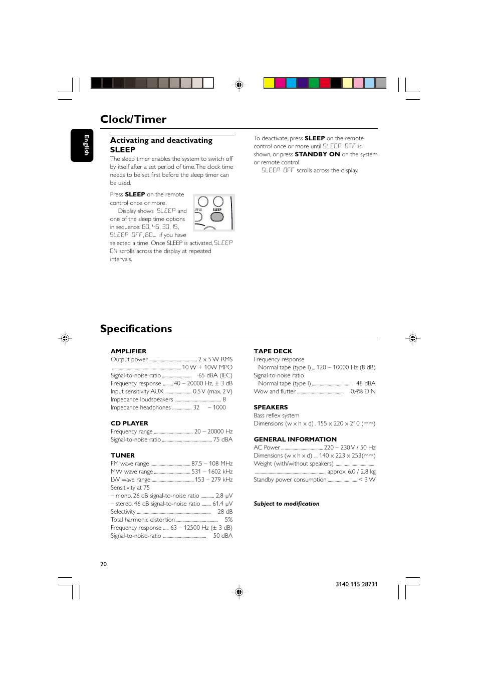 Clock/timer specifications, Activating and deactivating sleep | Philips MC-110 User Manual | Page 20 / 22