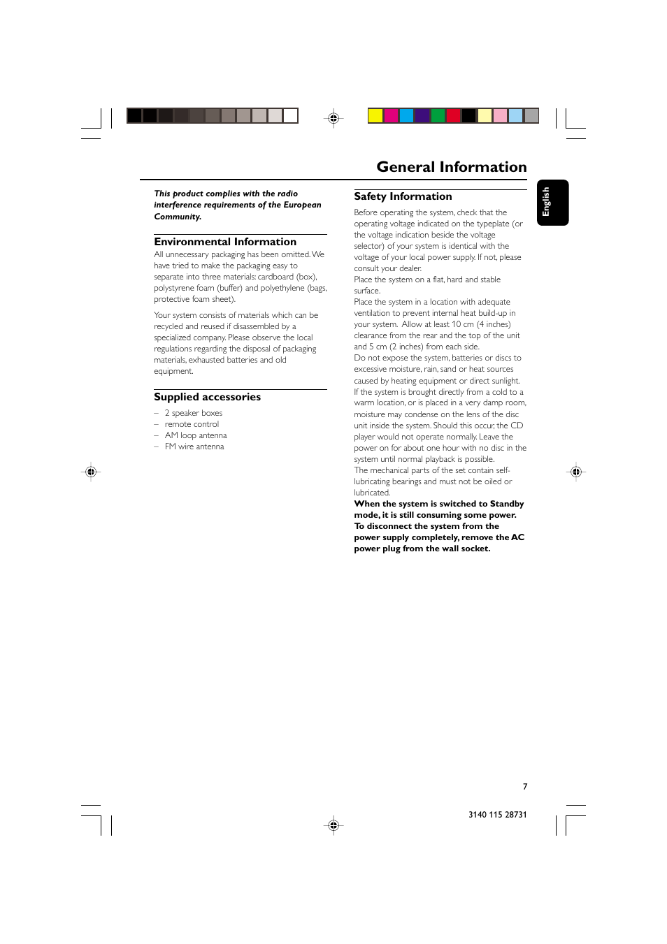 General information, Environmental information, Supplied accessories | Safety information | Philips MC-110 User Manual | Page 7 / 22
